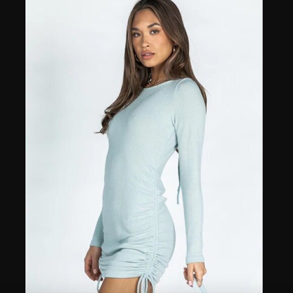 Princess Polly Brinley Light Blue Rib Knit Open Back Long Sleeve Bodycon Dress 2 - Picture 4 of 8